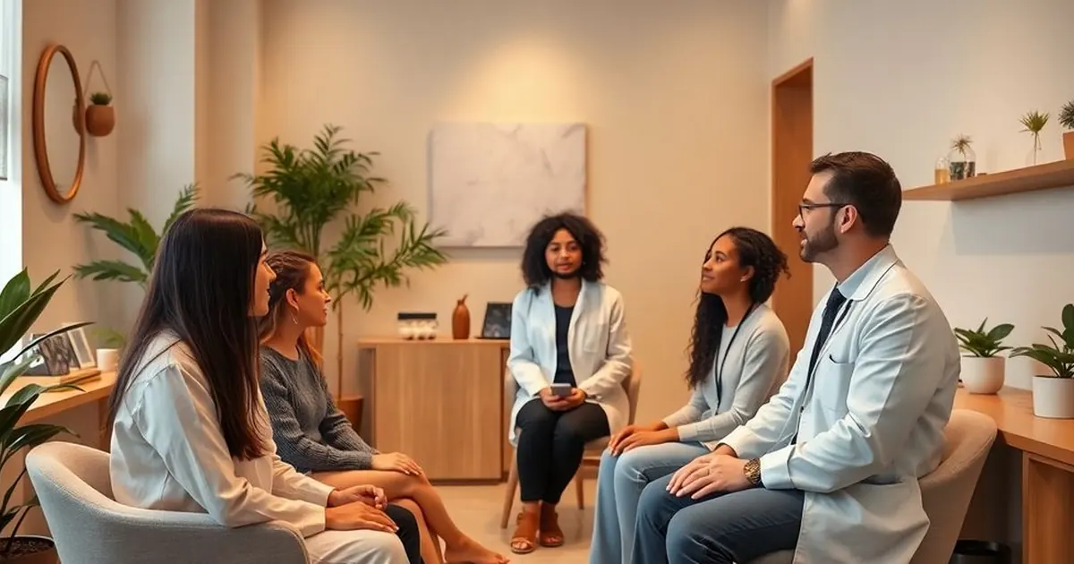 Médico de óculos e jaleco conversando com grupo de mulheres sentadas em consultório de tons claros