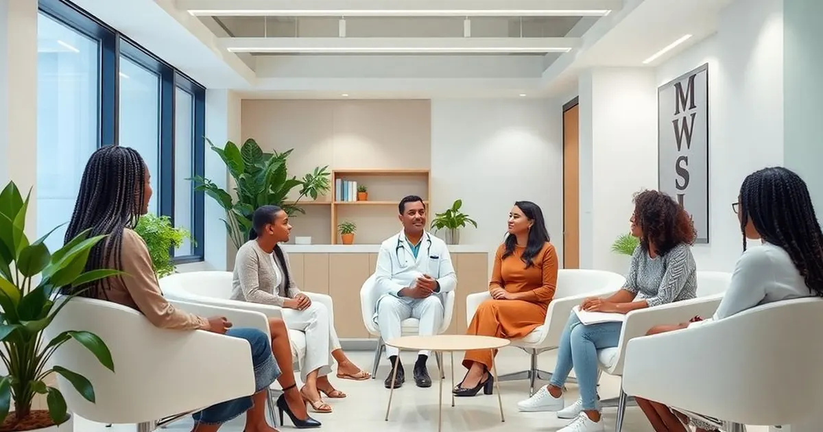 Mulheres sentadas em roda conversando com médico de jaleco em sala clara com plantas