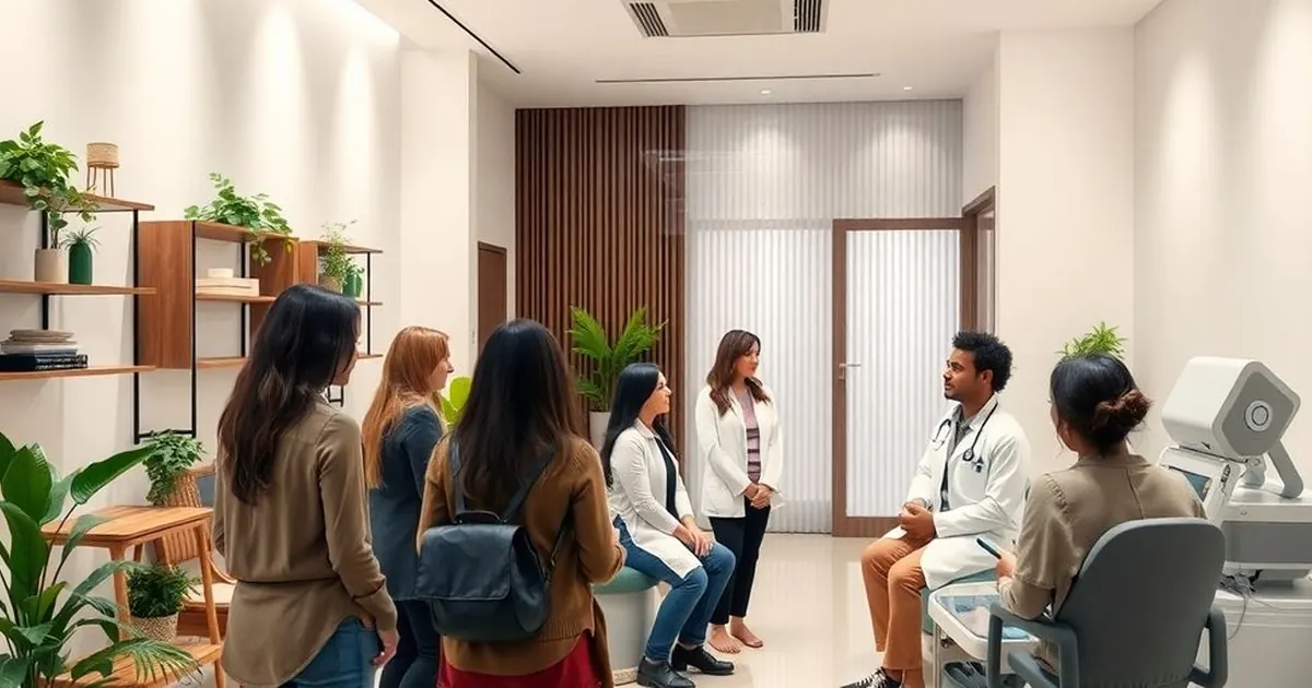 Médico de jaleco conversando com um grupo de pessoas em pé em sala clara com prateleiras e plantas