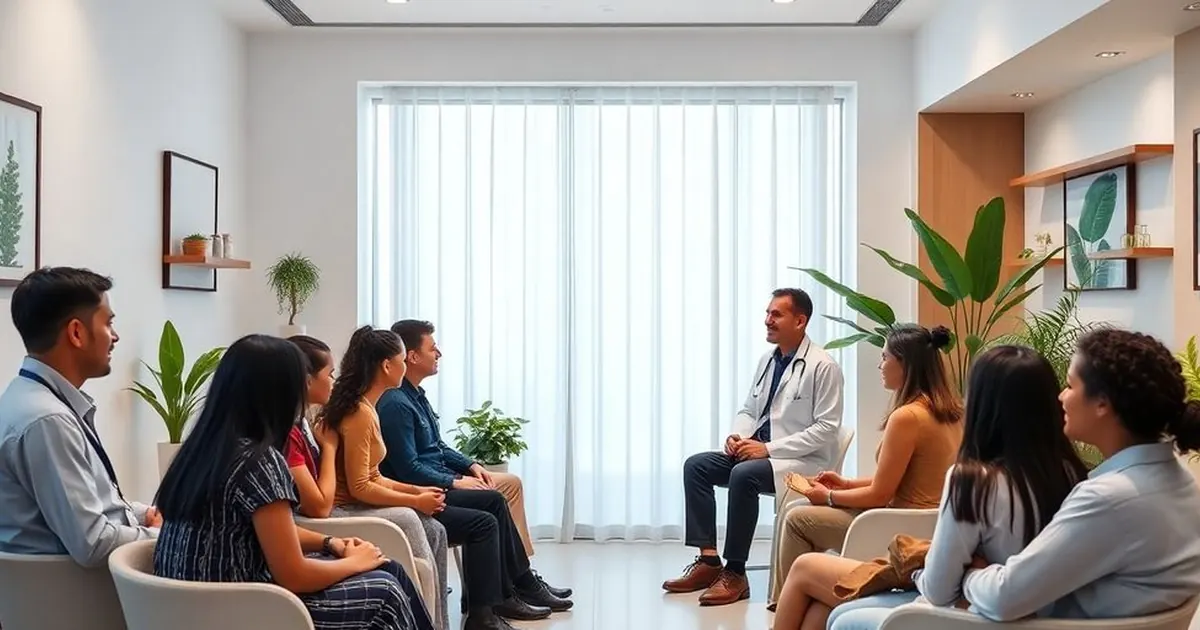 Profissional de jaleco conversando com um grupo de pessoas sentadas em uma sala clara com plantas