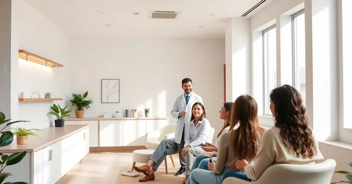 Médico de jaleco em pé conversando com grupo de mulheres sentadas em sala ampla e iluminada