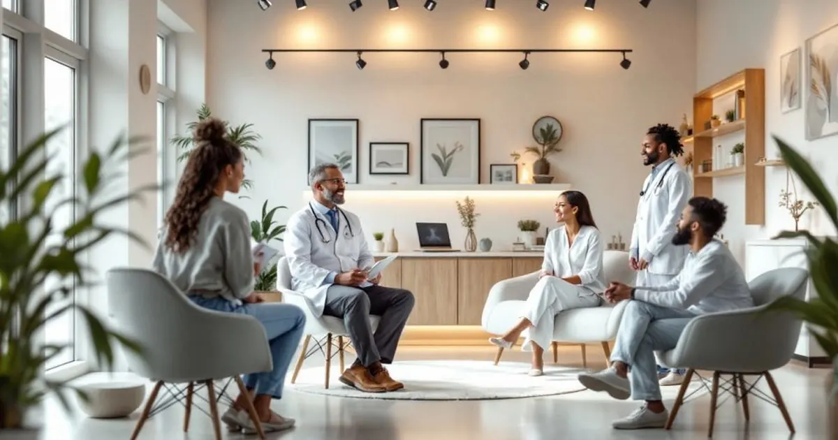 Médico conversa com pacientes sentados em poltronas em sala clara com plantas