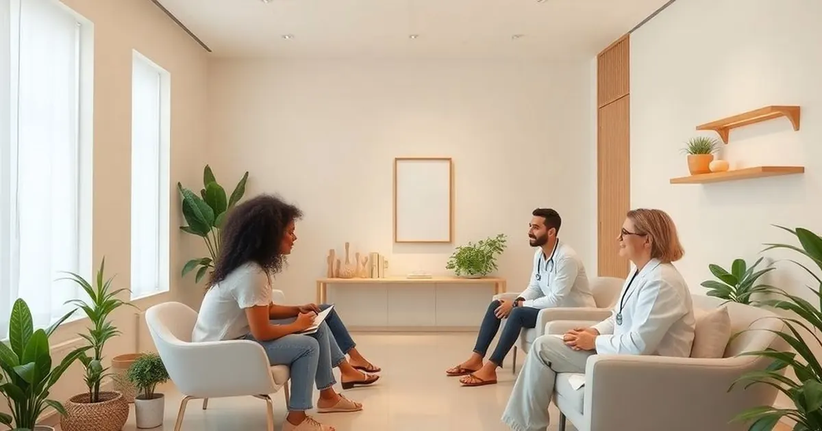 Mulher faz anotações enquanto conversa com dois profissionais de jaleco em sala clara