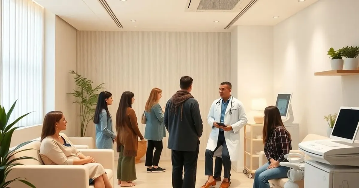 Médico de jaleco e estetoscópio conversando com um grupo de pessoas em uma sala de atendimento clara