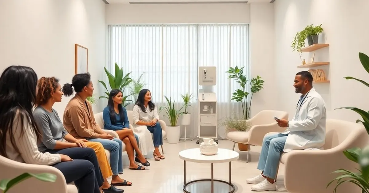 Médico sentado em poltrona conversa com grupo de pessoas em sala clara com plantas
