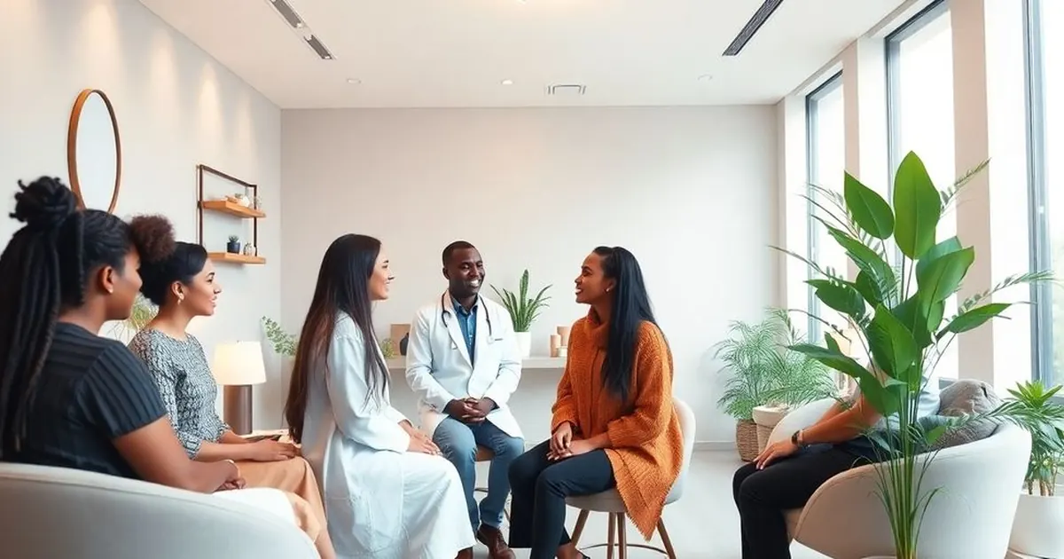 Grupo de pessoas sentadas em roda conversando com um médico de jaleco em uma sala clara com plantas