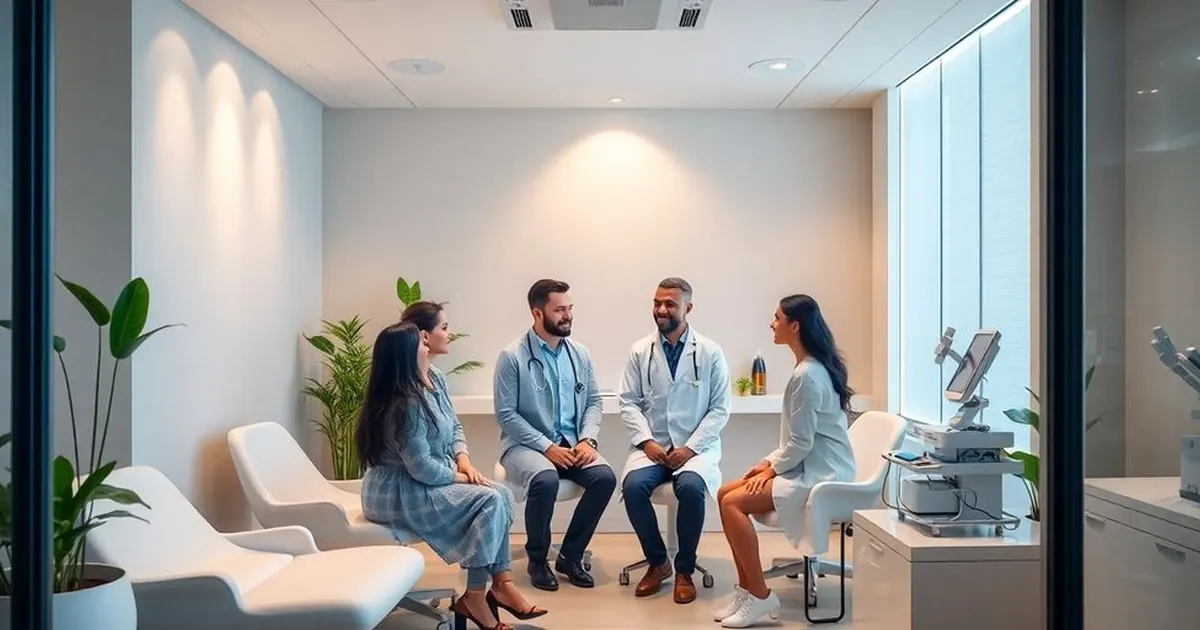 Dois médicos de jaleco conversando com duas mulheres sentadas em uma sala de consultório moderna com plantas