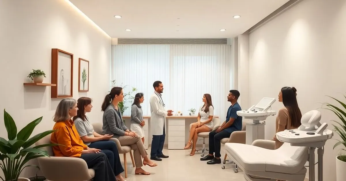 Pessoas sentadas em uma sala de consultório conversando com um médico de jaleco, com uma maca e equipamentos ao lado