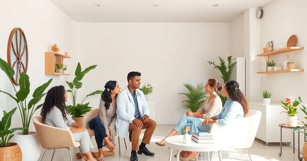 Médico de jaleco sentado entre mulheres em roda de conversa, em sala clara com plantas e prateleiras