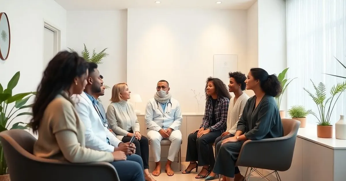 Grupo de pessoas sentadas em roda em uma sala clara, conversando com um profissional de jaleco ao centro