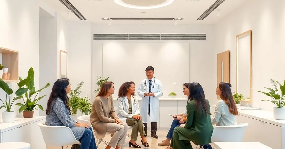 Médico de jaleco em pé conversando com um grupo de pessoas sentadas em uma sala clara