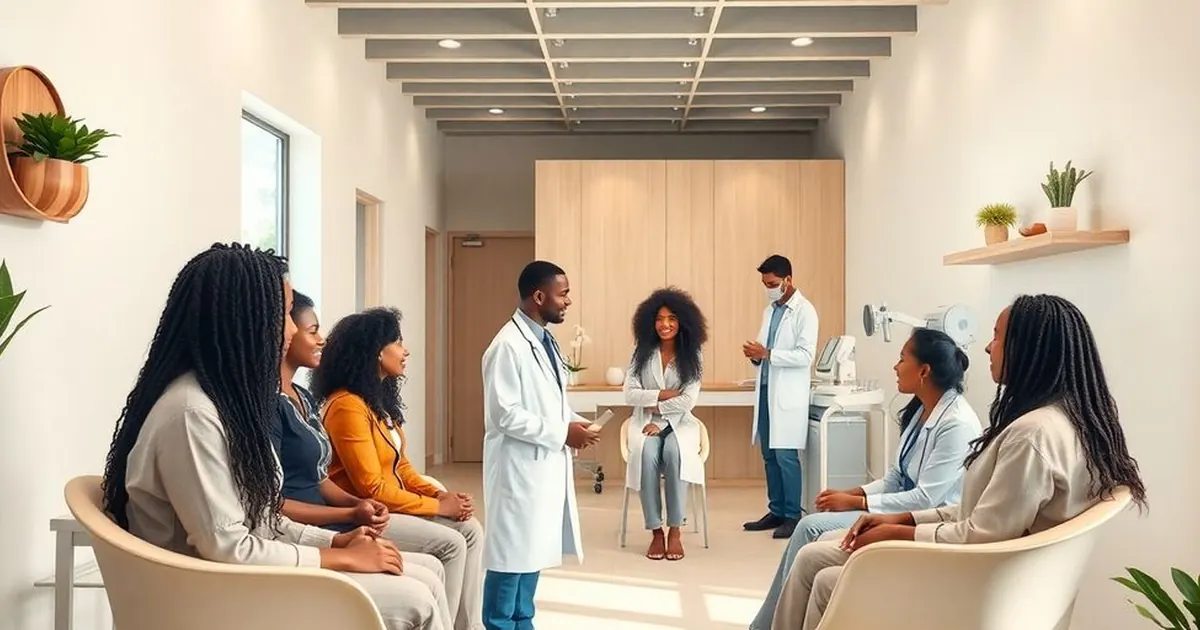 Médico de jaleco em pé falando com um grupo de mulheres sentadas em sala de espera clara