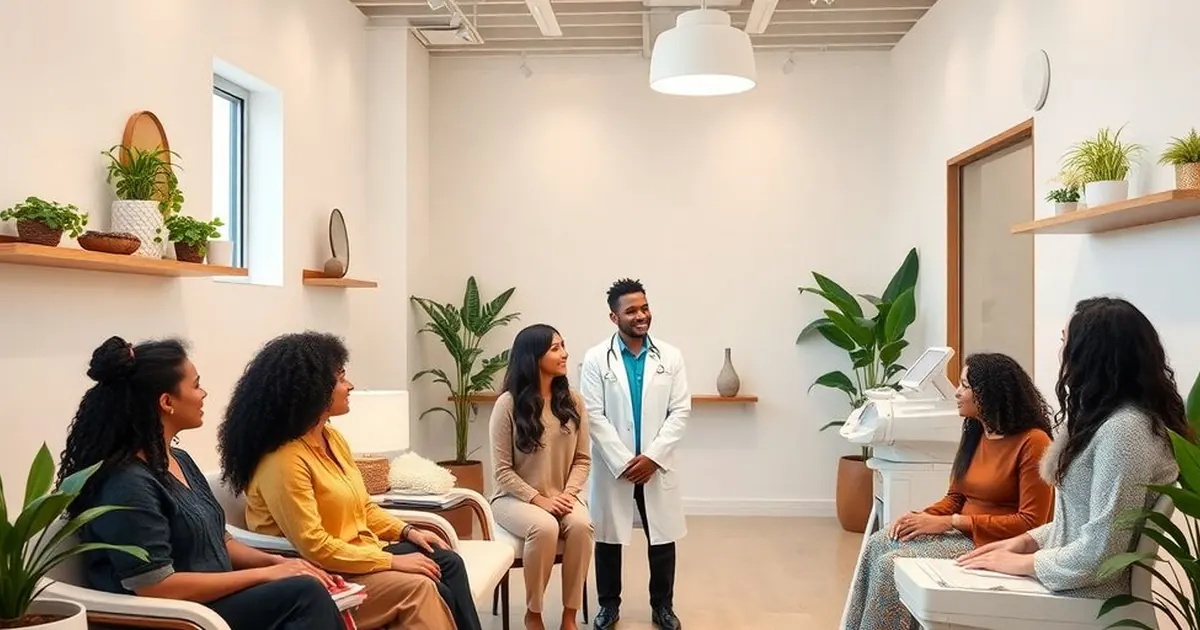 Médico de jaleco em pé em uma sala clara conversando com pessoas sentadas em poltronas