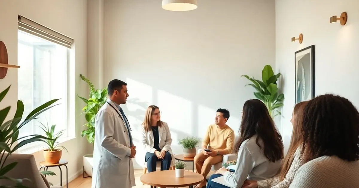 Profissional de jaleco conversando com um pequeno grupo de pessoas em uma sala acolhedora com plantas