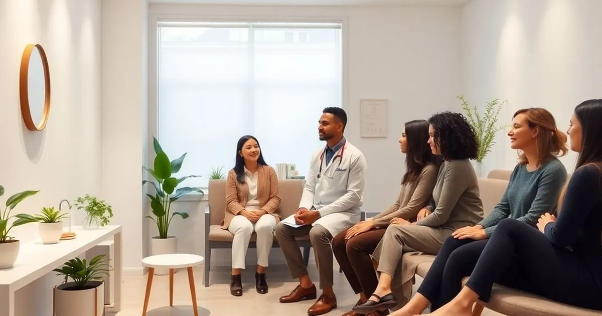 Médico sentado conversando com um grupo de mulheres em uma sala de espera clara com plantas