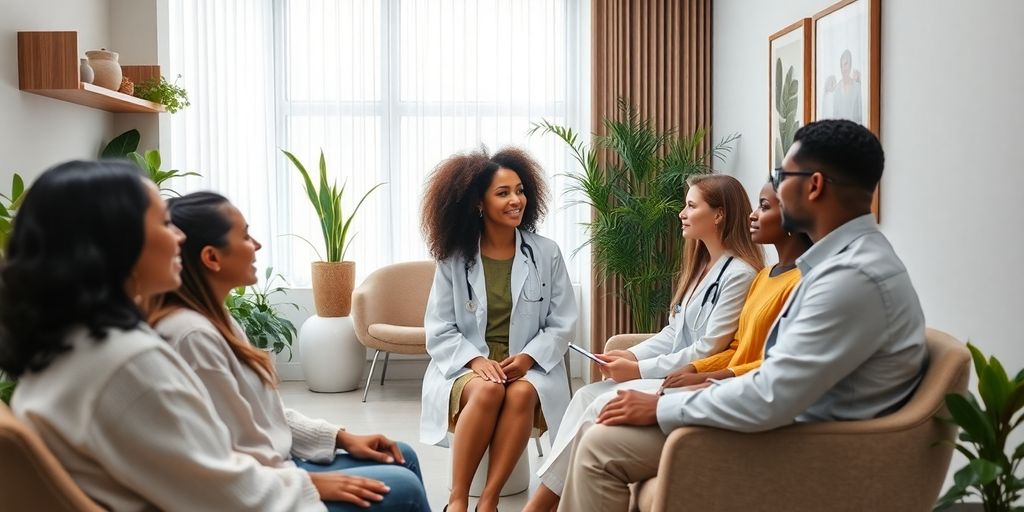 Interior de clínica de bem-estar elegante e acolhedora.