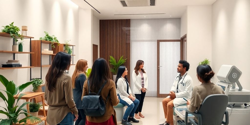 Consultório médico moderno com pacientes e médico.