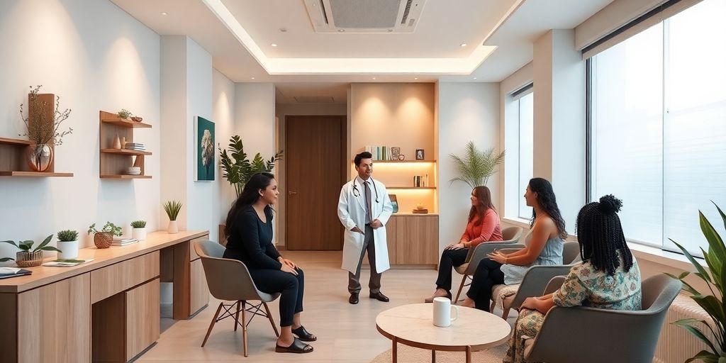 Interior elegante de clínica de bem-estar com pacientes.