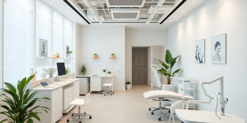 Interior de clínica de saúde moderna com pacientes e médico.