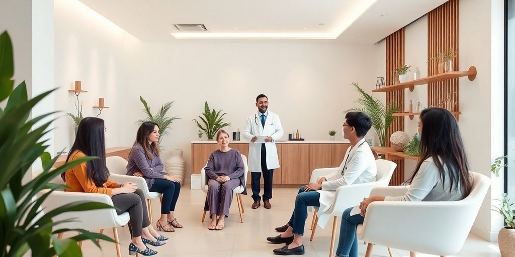 Interior de clínica de bem-estar moderno com pacientes.